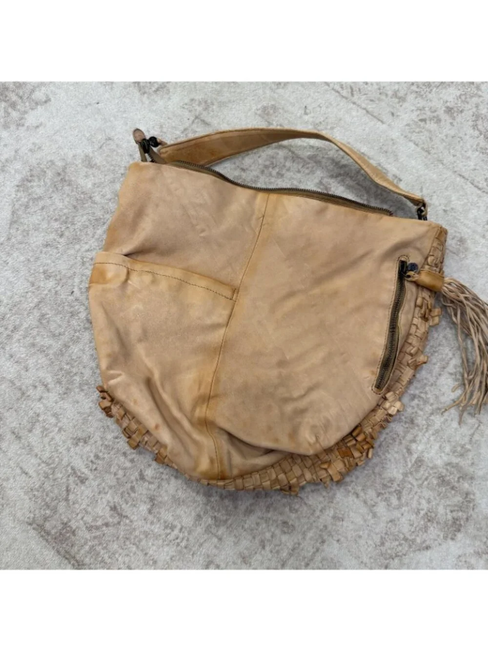 Hobo Hobo Bag Womens Large Beige Leather Woven Boho Tassel Zip Top Shoulder